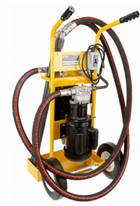 Rear view of Parker Racor FC-16-25-02 fuel filtration cart showing motor, coiled hoses, controls and wheeled yellow frame.