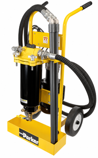 Front three-quarter view of Parker Racor FC-16-25-02 fuel filtration cart showing the black filter housing, hoses and yellow wheeled frame.