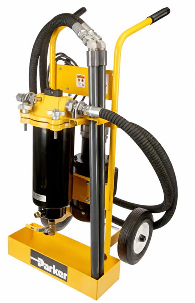 Front three-quarter view of Parker Racor FC-16-25-02 fuel filtration cart with filter housing, hoses and wheeled yellow frame.